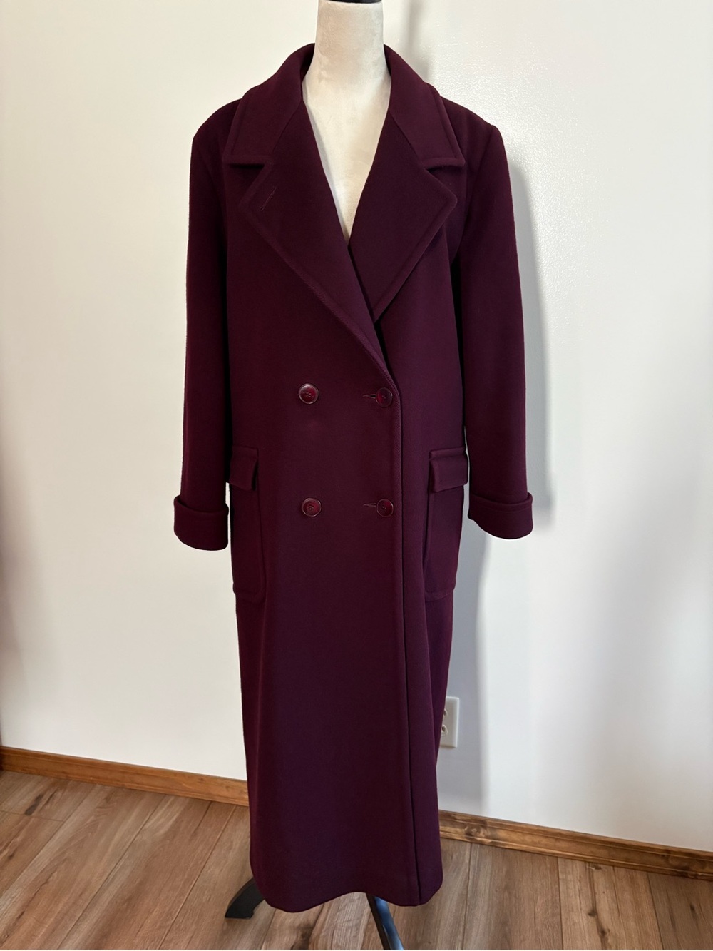 VTG 80s Forecaster of Boston Burgundy Pure Wool Double Breasted Trench Coat M/L